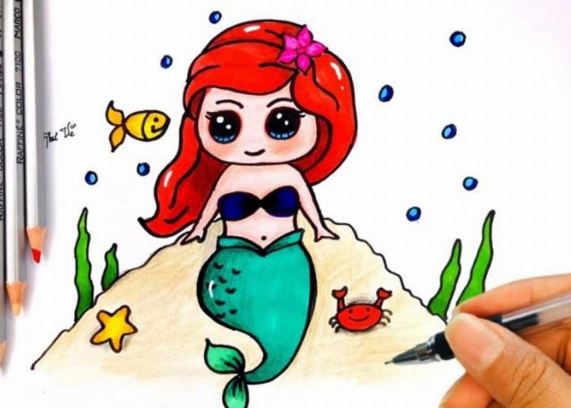 Vẽ khuôn mặt và mái tóc nàng tiên cá