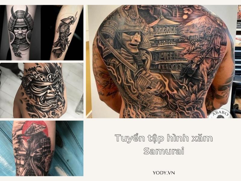 Hình xăm Nhật cổ full tay trắng đen khắc họa hình ảnh samurai trong bộ giáp, biểu trưng cho danh dự và sức mạnh.