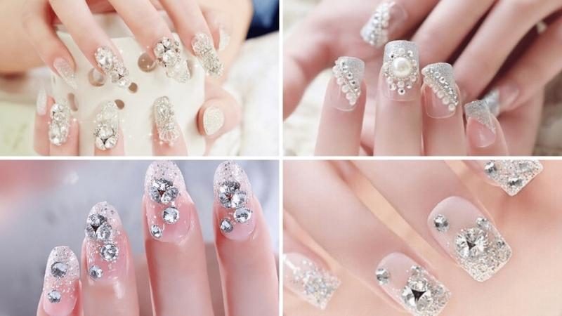Mẫu nail trắng đính đá cầu kỳ