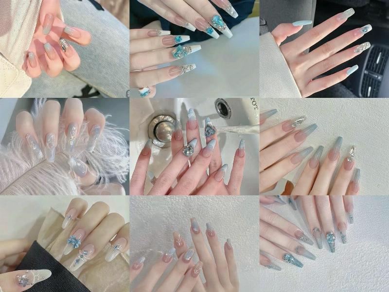 Mẫu nail trắng đính đá hình khối