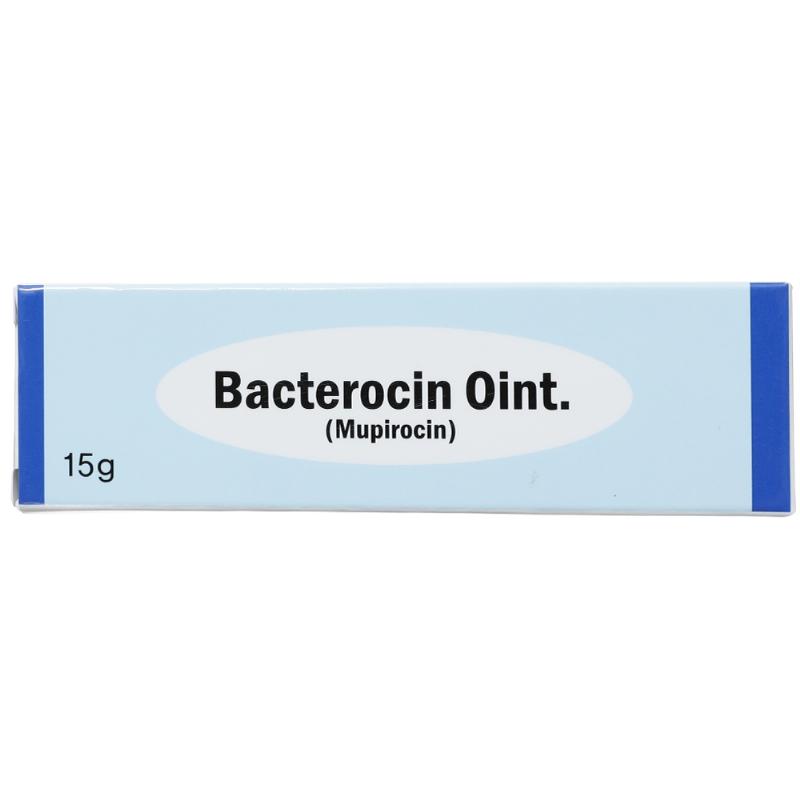 Hình ảnh tuýp thuốc mỡ Bacterocin Oint 15g và cấu trúc hoạt chất Mupirocin