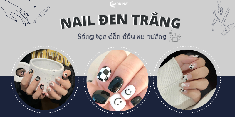 Móng tay trắng đen đính đá sang trọng